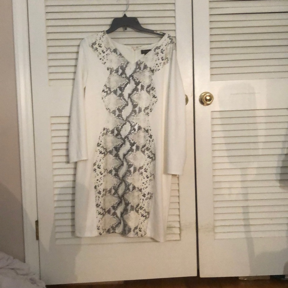 A White long sleeve dress with a snake skin print